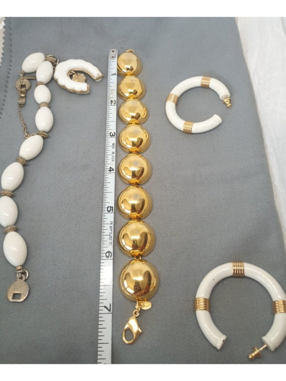 Vtg Monet Lot Bracelet Earring ~Gently loved Gold Half Sphere, White Lucky Charm - Picture 13 of 14